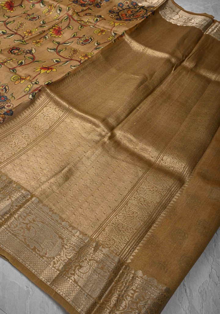Golden brown Tussar by Kora Silk Saree with kalamkari Digital Print and Zari Border | SILK MARK CERTIFIED