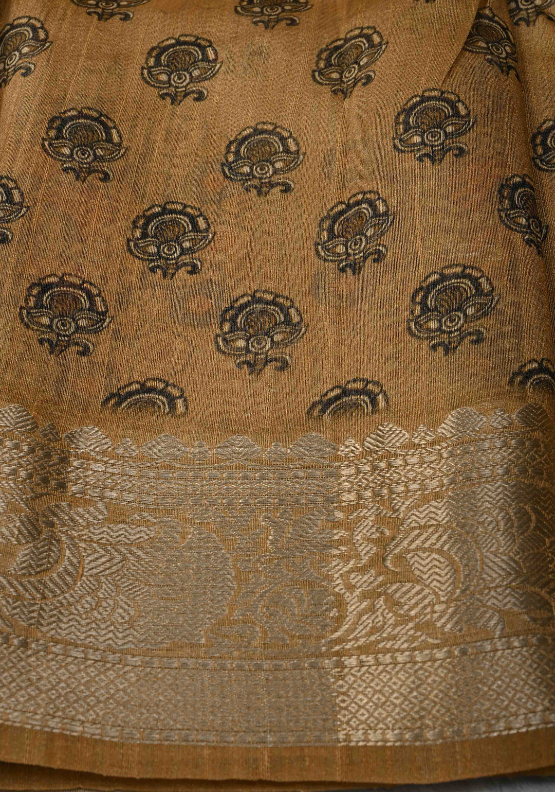 Golden brown Tussar by Kora Silk Saree with kalamkari Digital Print and Zari Border | SILK MARK CERTIFIED