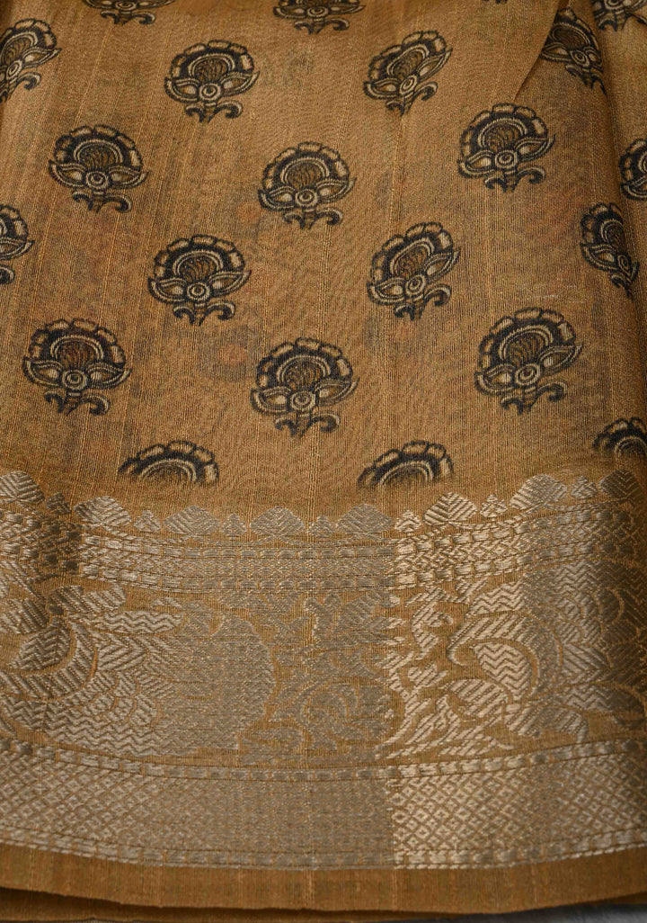 Golden brown Tussar by Kora Silk Saree with kalamkari Digital Print and Zari Border | SILK MARK CERTIFIED