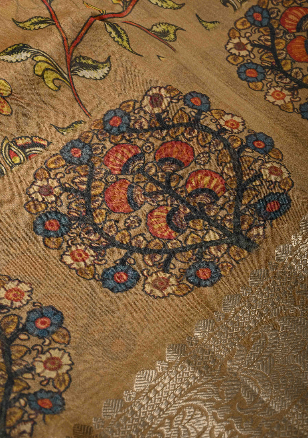 Golden brown Tussar by Kora Silk Saree with kalamkari Digital Print and Zari Border | SILK MARK CERTIFIED