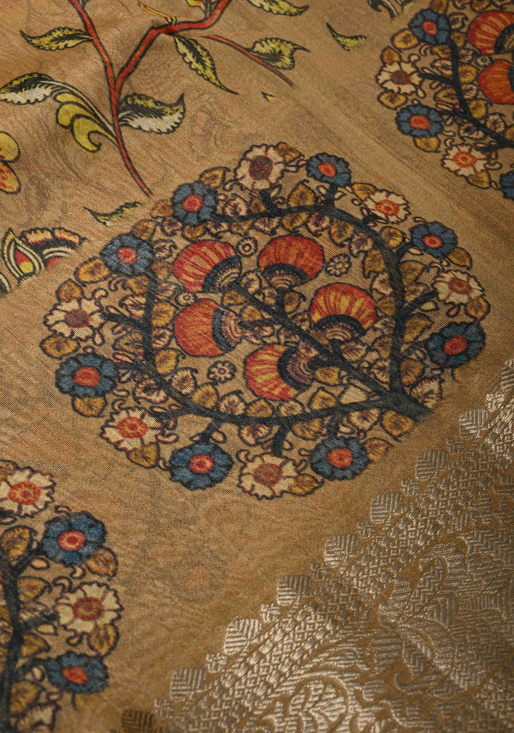 Golden brown Tussar by Kora Silk Saree with kalamkari Digital Print and Zari Border | SILK MARK CERTIFIED