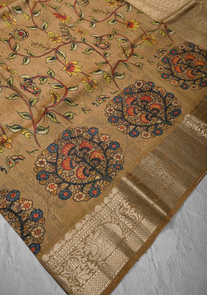 Golden brown Tussar by Kora Silk Saree with kalamkari Digital Print and Zari Border | SILK MARK CERTIFIED
