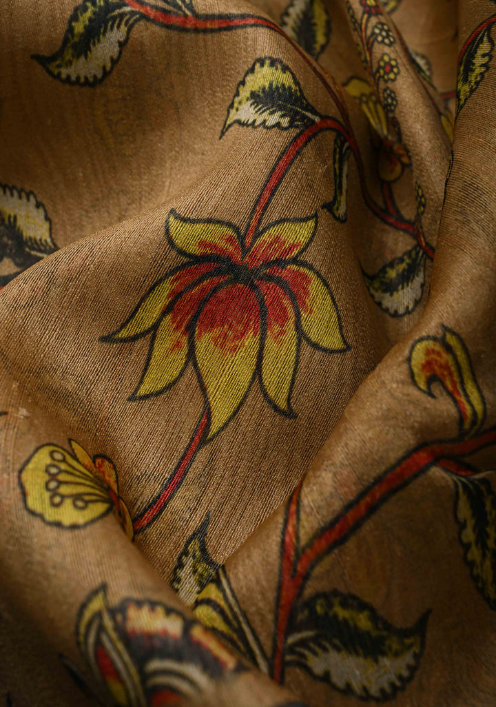 Golden brown Tussar by Kora Silk Saree with kalamkari Digital Print and Zari Border | SILK MARK CERTIFIED