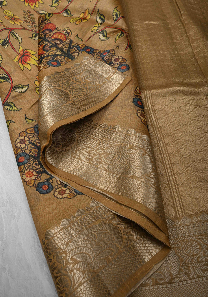 Golden brown Tussar by Kora Silk Saree with kalamkari Digital Print and Zari Border | SILK MARK CERTIFIED