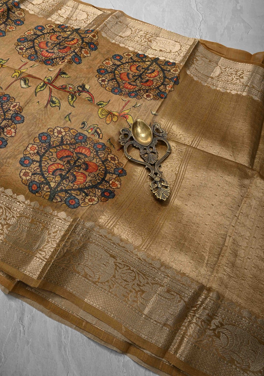 Golden brown Tussar by Kora Silk Saree with kalamkari Digital Print and Zari Border | SILK MARK CERTIFIED