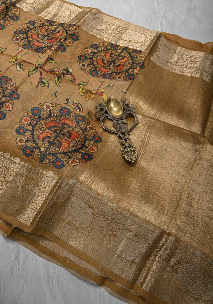 Golden brown Tussar by Kora Silk Saree with kalamkari Digital Print and Zari Border | SILK MARK CERTIFIED