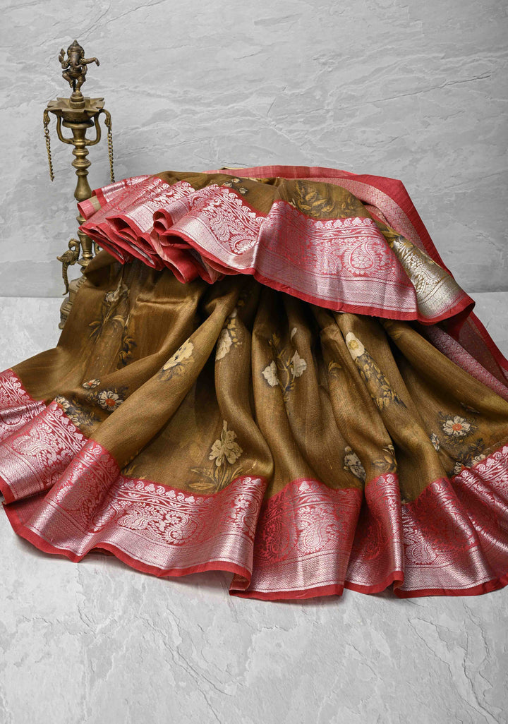 Brown Tussar by Kora Silk Saree with Floral Digital Print and Zari Border | SILK MARK CERTIFIED
