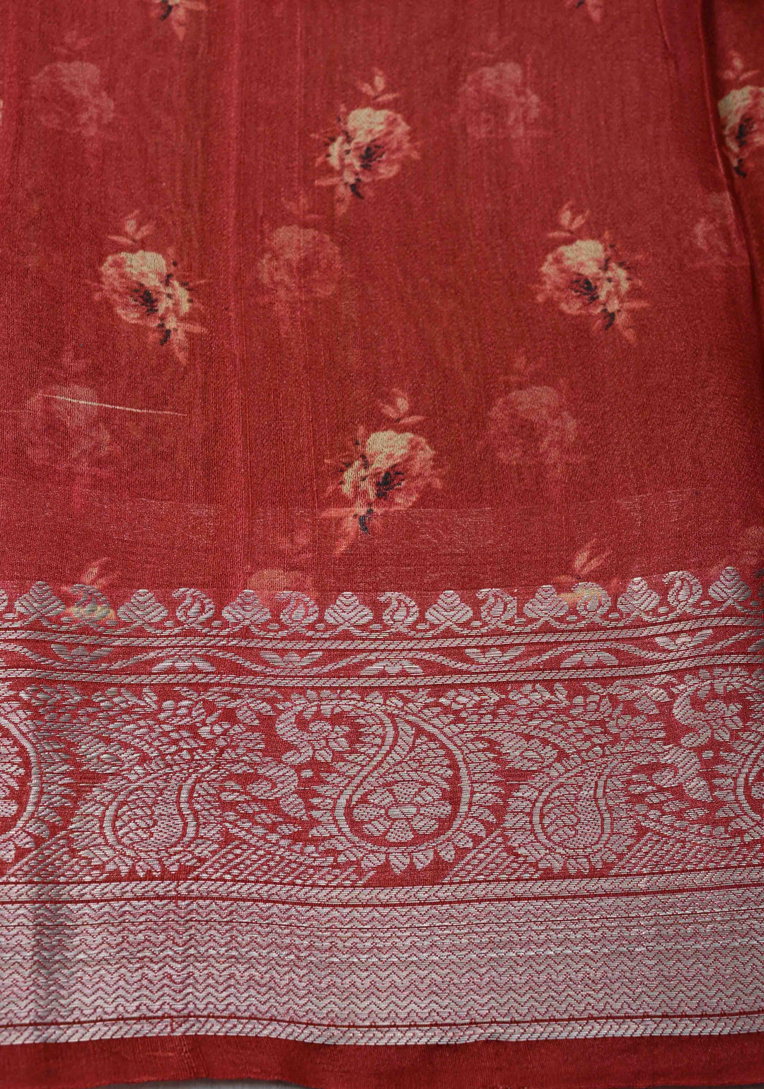 Brown Tussar by Kora Silk Saree with Floral Digital Print and Zari Border | SILK MARK CERTIFIED