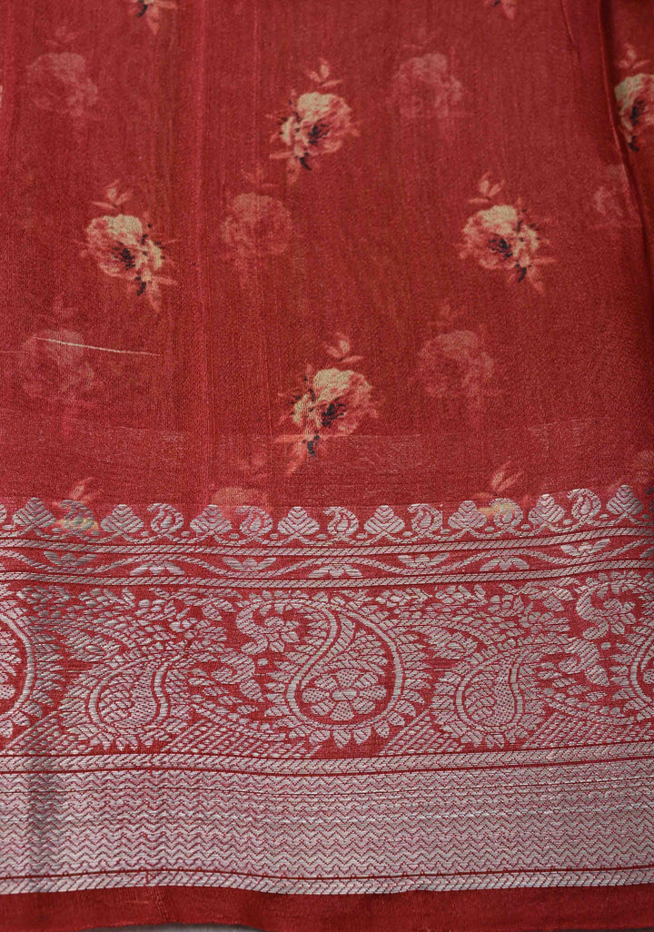 Brown Tussar by Kora Silk Saree with Floral Digital Print and Zari Border | SILK MARK CERTIFIED