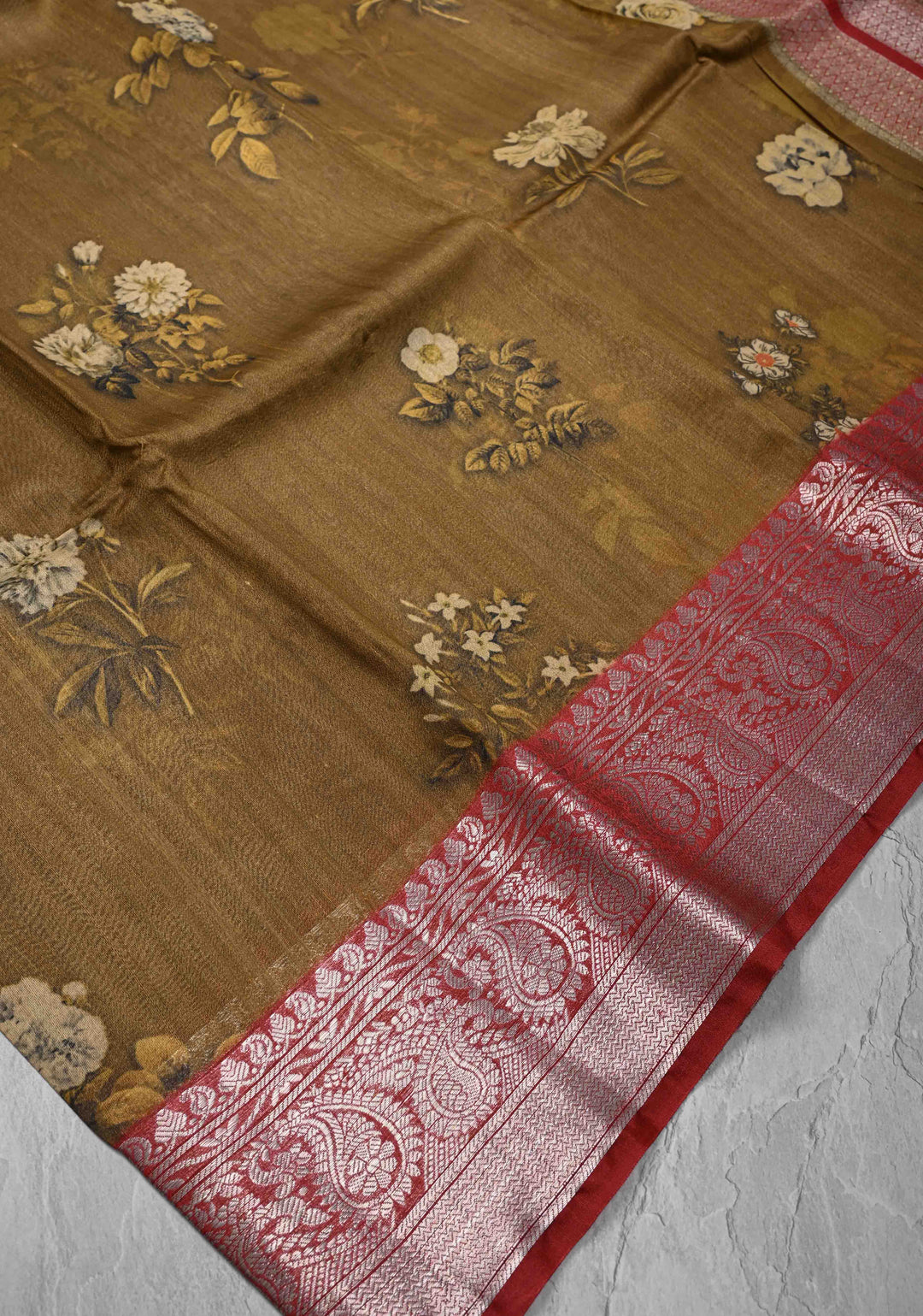 Brown Tussar by Kora Silk Saree with Floral Digital Print and Zari Border | SILK MARK CERTIFIED