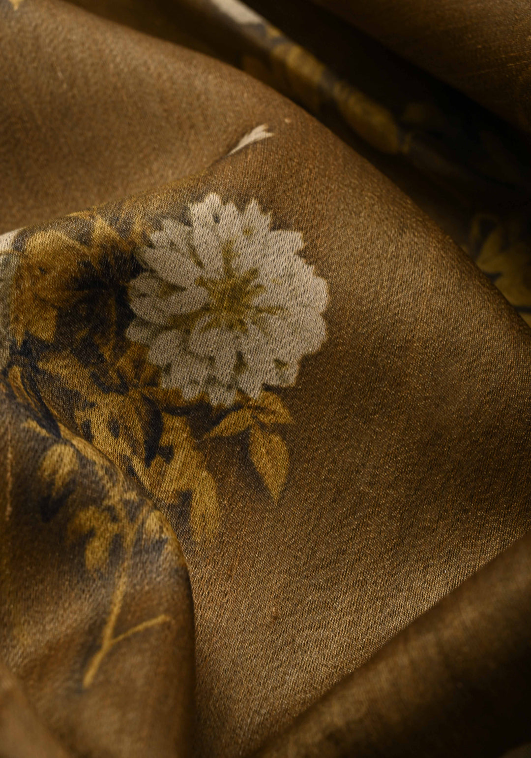 Brown Tussar by Kora Silk Saree with Floral Digital Print and Zari Border | SILK MARK CERTIFIED