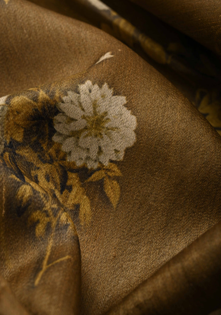 Brown Tussar by Kora Silk Saree with Floral Digital Print and Zari Border | SILK MARK CERTIFIED