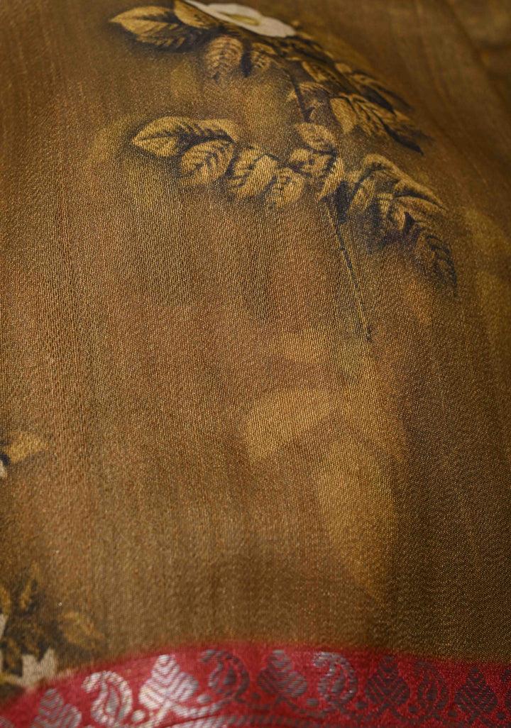 Brown Tussar by Kora Silk Saree with Floral Digital Print and Zari Border | SILK MARK CERTIFIED