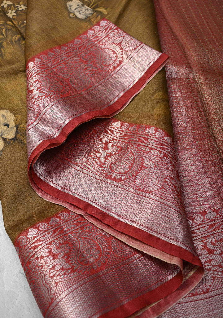 Brown Tussar by Kora Silk Saree with Floral Digital Print and Zari Border | SILK MARK CERTIFIED