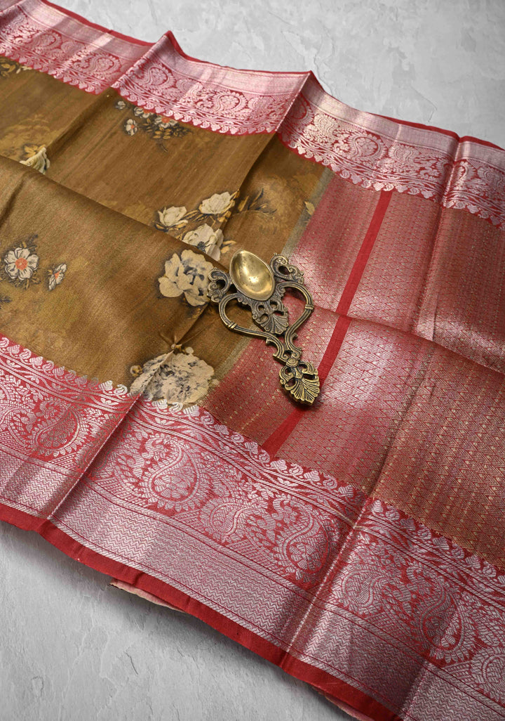 Brown Tussar by Kora Silk Saree with Floral Digital Print and Zari Border | SILK MARK CERTIFIED