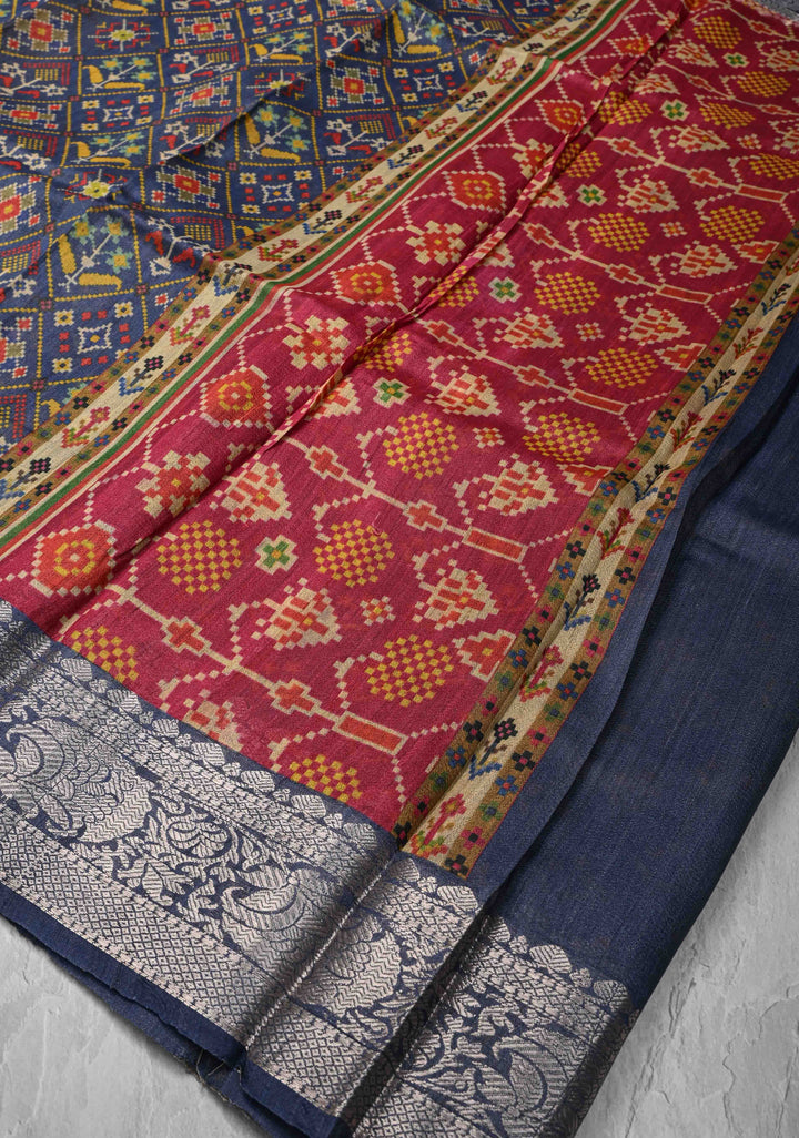 Blue Tussar by Kora Silk Saree with Ikkat Geometric Digital Print and Zari Border | SILK MARK CERTIFIED