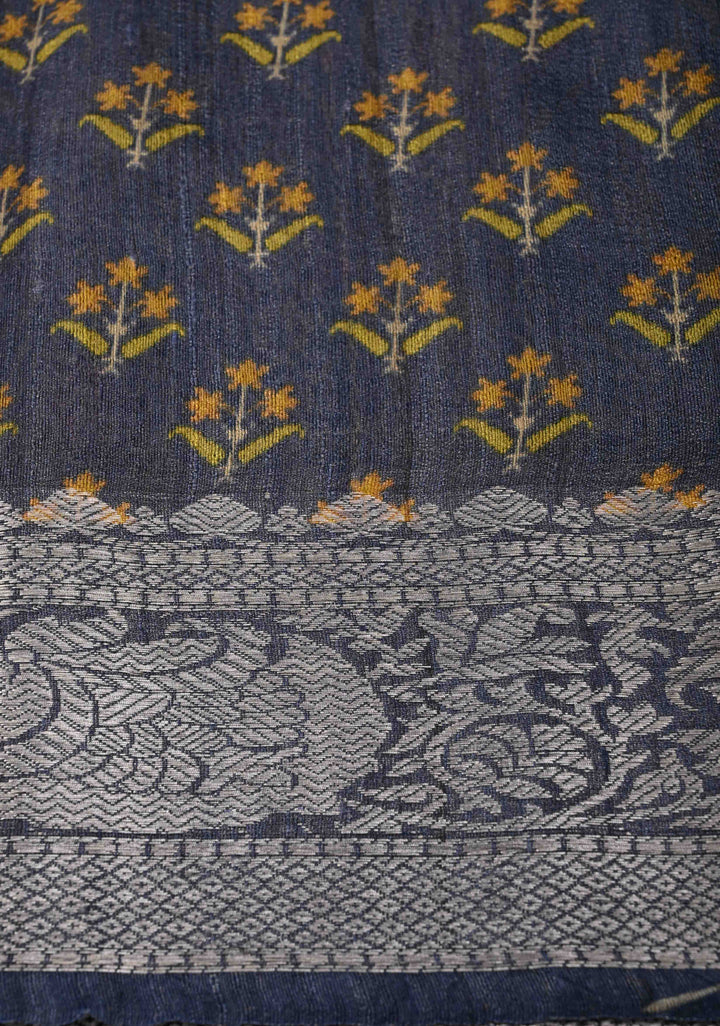 Blue Tussar by Kora Silk Saree with Ikkat Geometric Digital Print and Zari Border | SILK MARK CERTIFIED