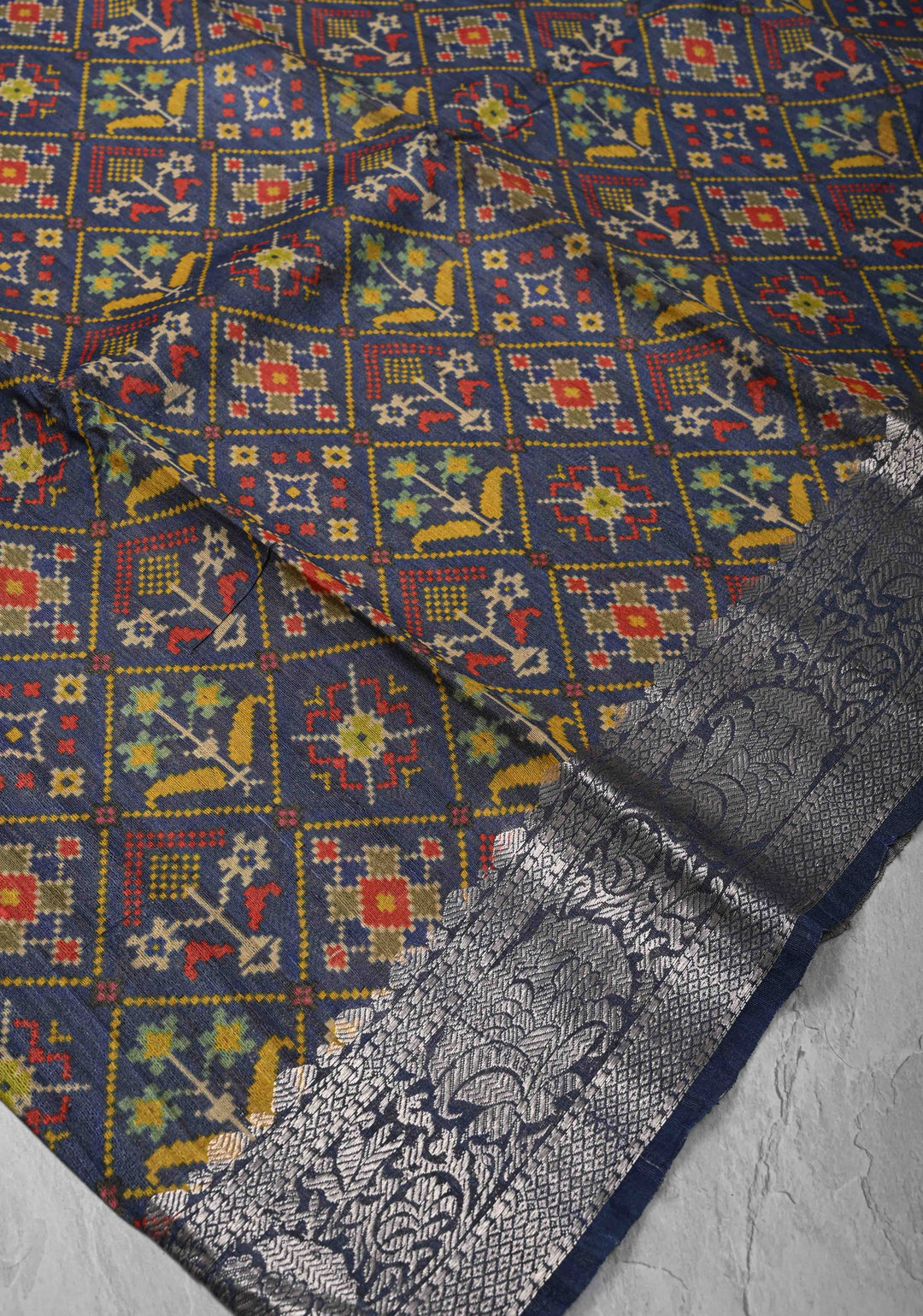 Blue Tussar by Kora Silk Saree with Ikkat Geometric Digital Print and Zari Border | SILK MARK CERTIFIED