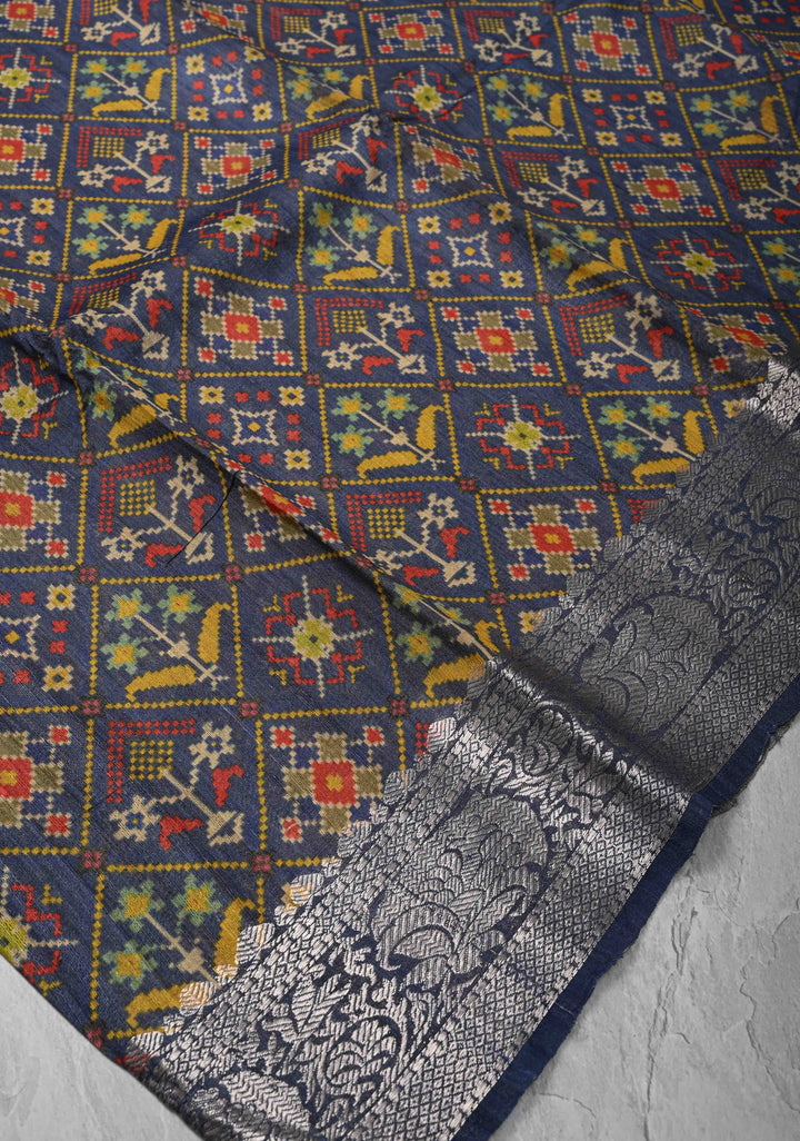 Blue Tussar by Kora Silk Saree with Ikkat Geometric Digital Print and Zari Border | SILK MARK CERTIFIED