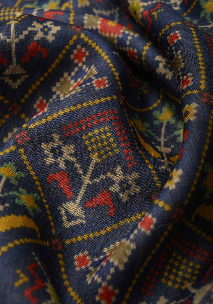 Blue Tussar by Kora Silk Saree with Ikkat Geometric Digital Print and Zari Border | SILK MARK CERTIFIED