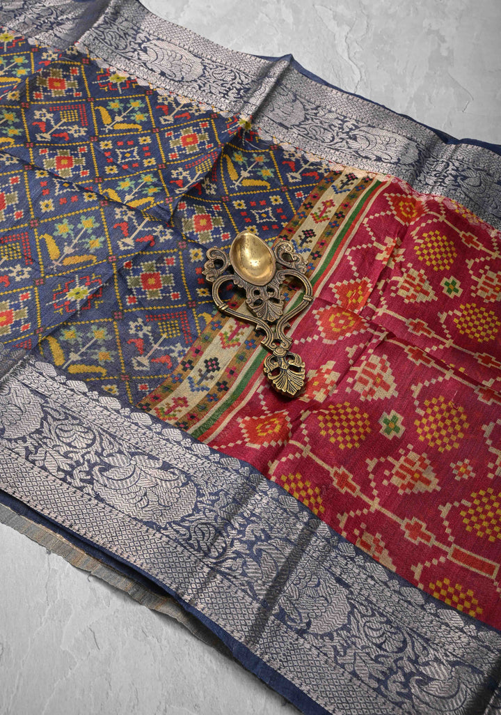 Blue Tussar by Kora Silk Saree with Ikkat Geometric Digital Print and Zari Border | SILK MARK CERTIFIED