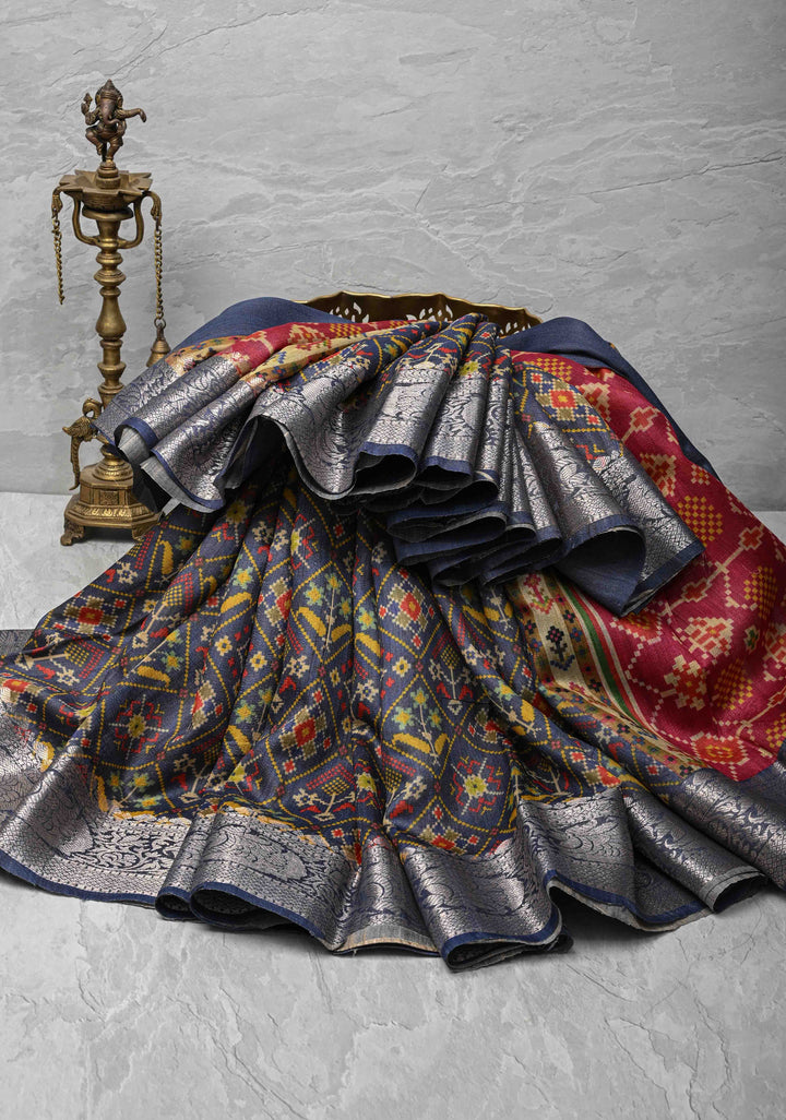 Blue Tussar by Kora Silk Saree with Ikkat Geometric Digital Print and Zari Border | SILK MARK CERTIFIED