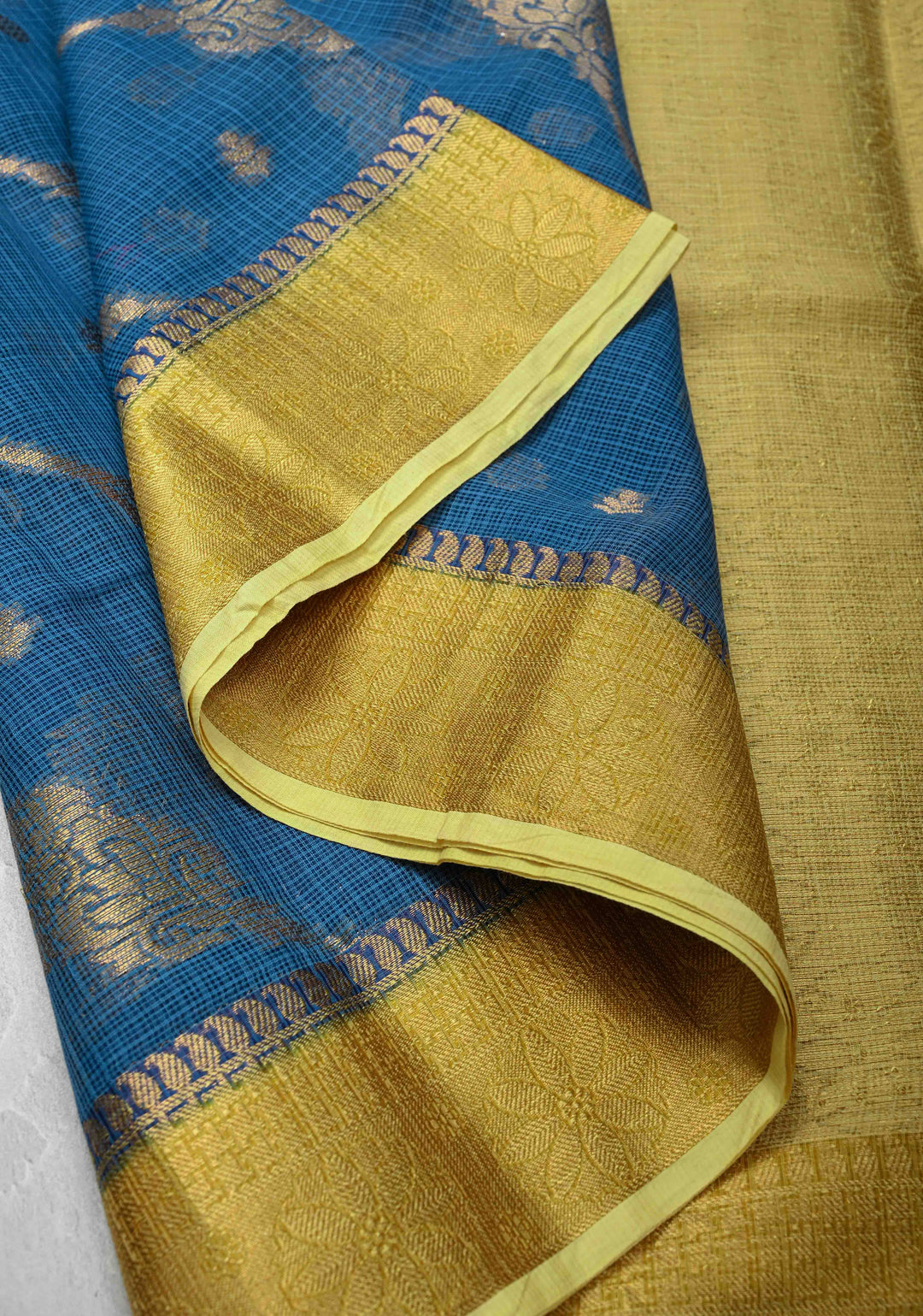 Blue Kota Doria Cotton Saree with Zari Buttas, Leheriya Design And Zari Border