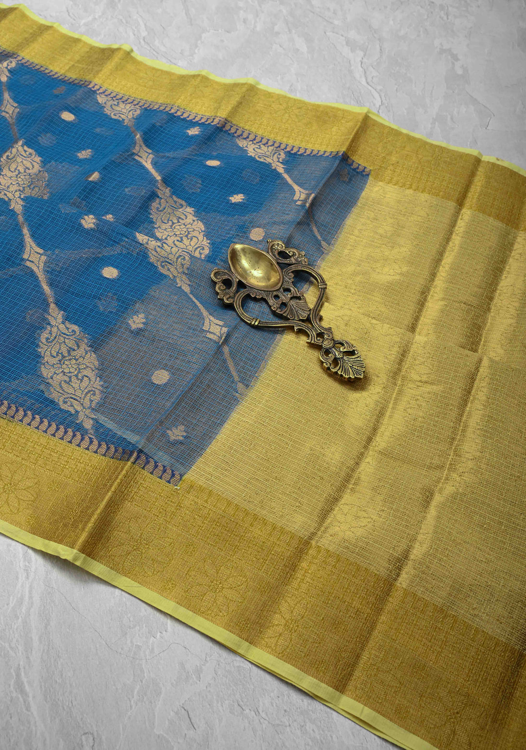 Blue Kota Doria Cotton Saree with Zari Buttas, Leheriya Design And Zari Border