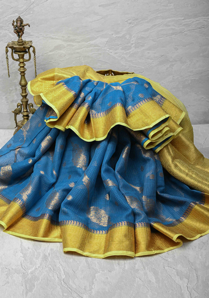 Blue Kota Doria Cotton Saree with Zari Buttas, Leheriya Design And Zari Border
