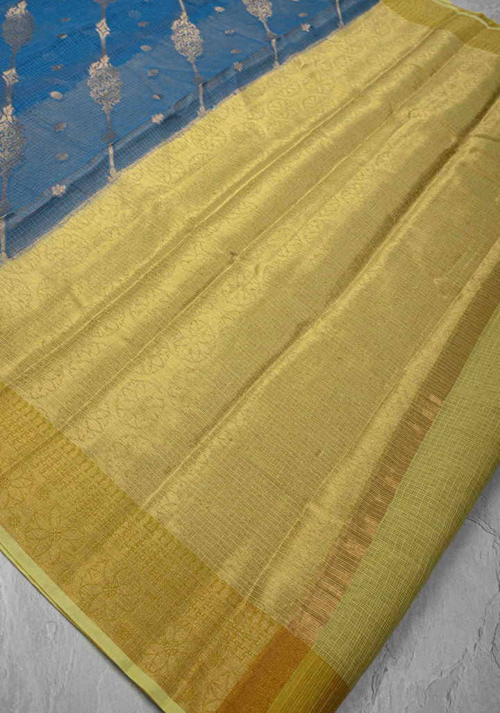 Blue Kota Doria Cotton Saree with Zari Buttas, Leheriya Design And Zari Border