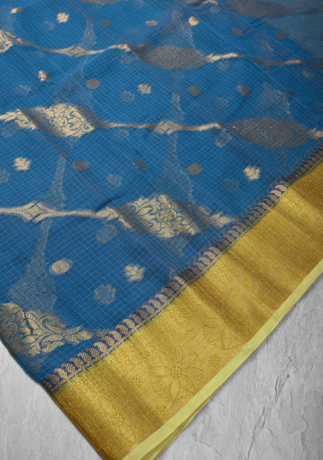Blue Kota Doria Cotton Saree with Zari Buttas, Leheriya Design And Zari Border