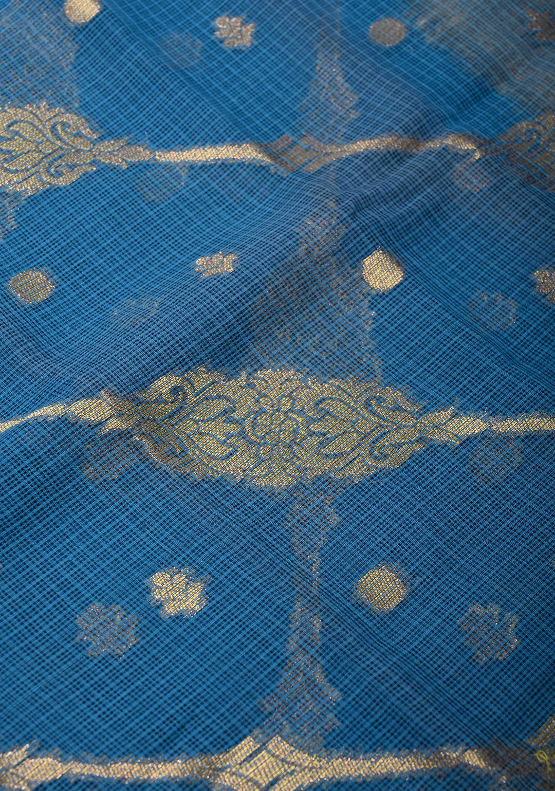 Blue Kota Doria Cotton Saree with Zari Buttas, Leheriya Design And Zari Border