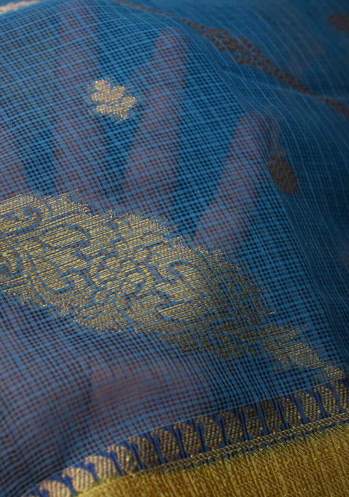 Blue Kota Doria Cotton Saree with Zari Buttas, Leheriya Design And Zari Border