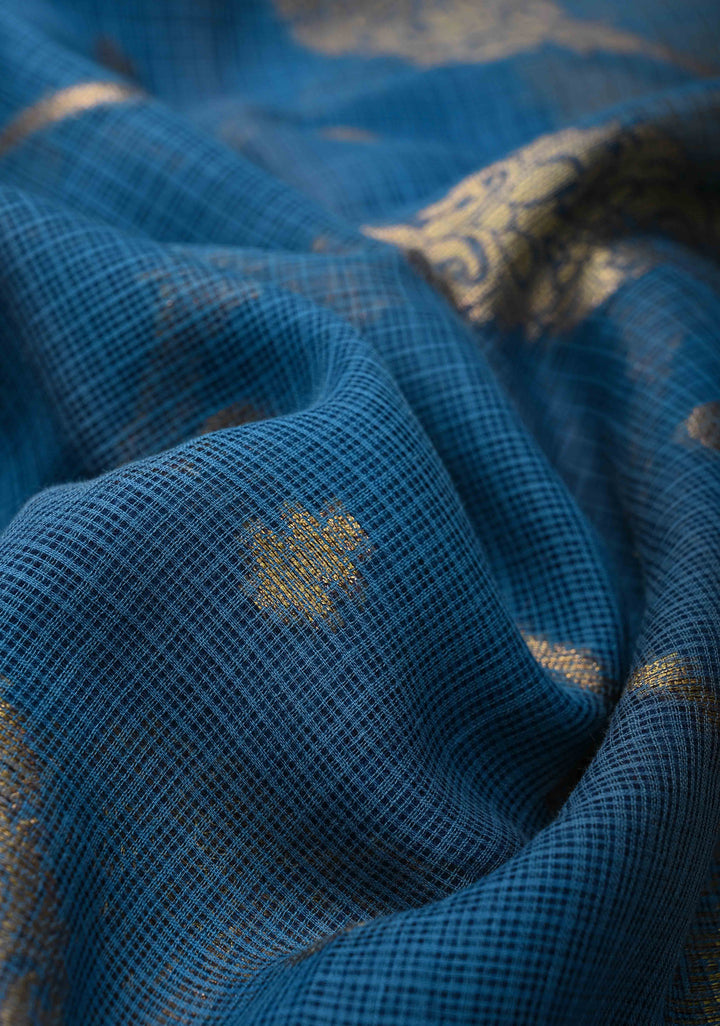 Blue Kota Doria Cotton Saree with Zari Buttas, Leheriya Design And Zari Border