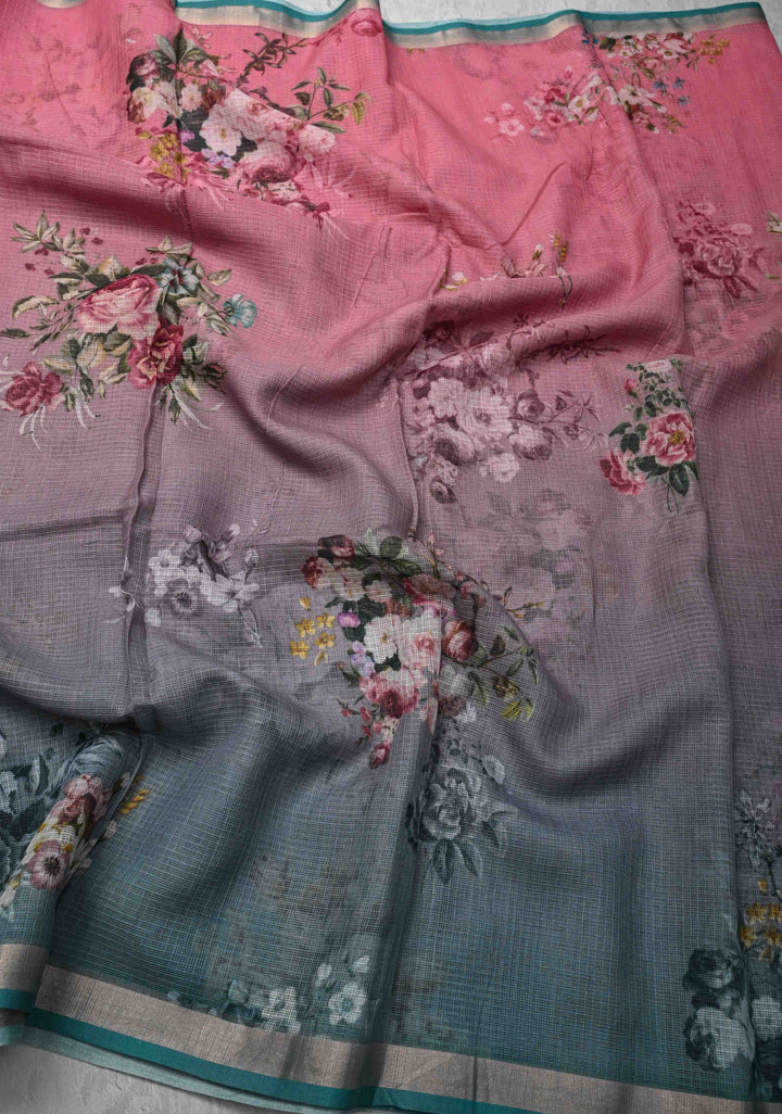 Rose Pink and Gray Ombre Kota Doria Cotton Saree with Floral Digital Print and Zari Border