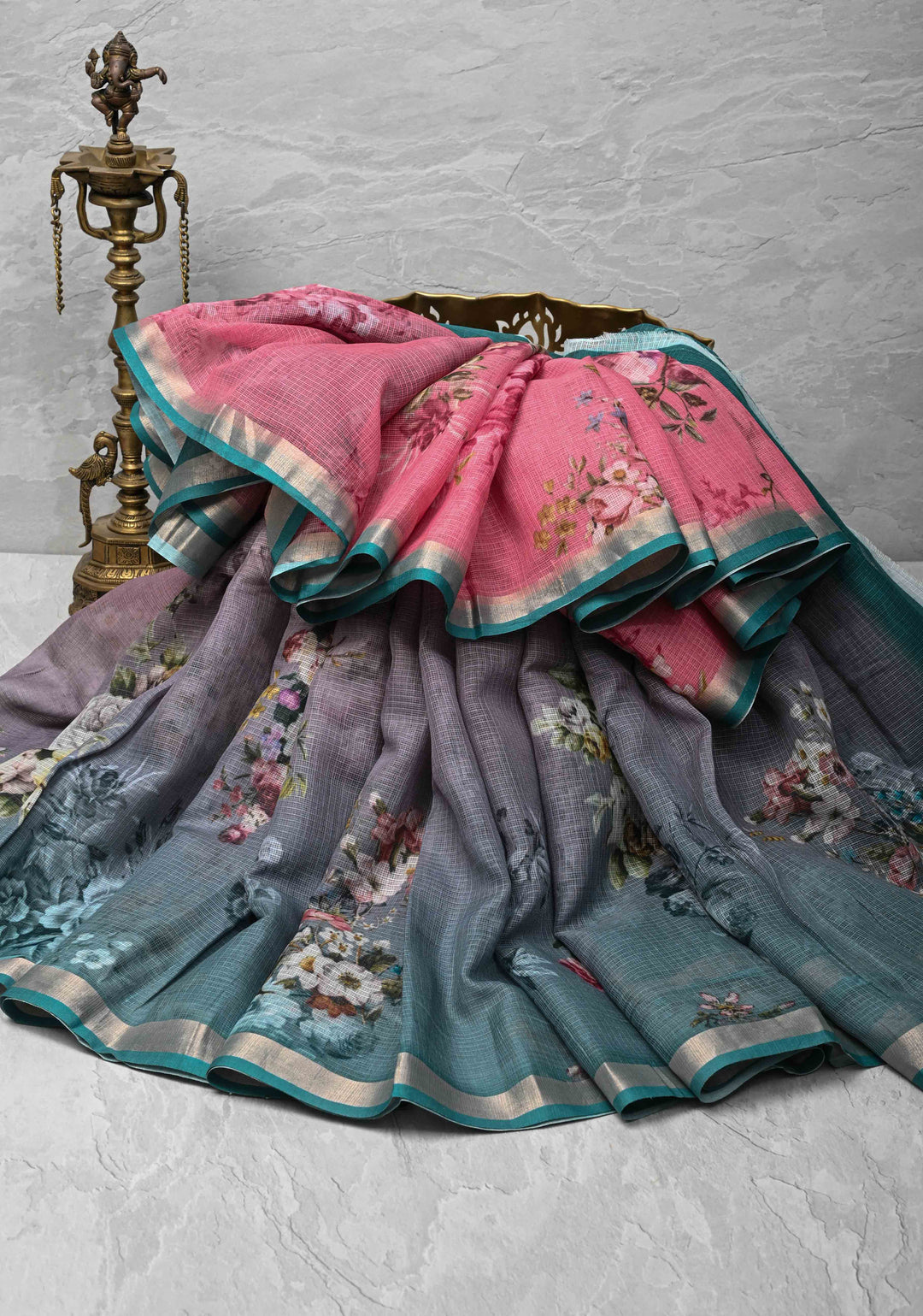 Rose Pink and Gray Ombre Kota Doria Cotton Saree with Floral Digital Print and Zari Border