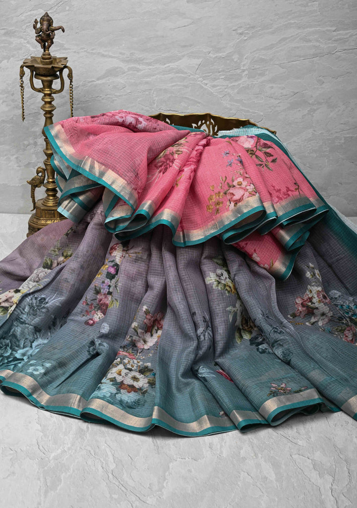 Rose Pink and Gray Ombre Kota Doria Cotton Saree with Floral Digital Print and Zari Border