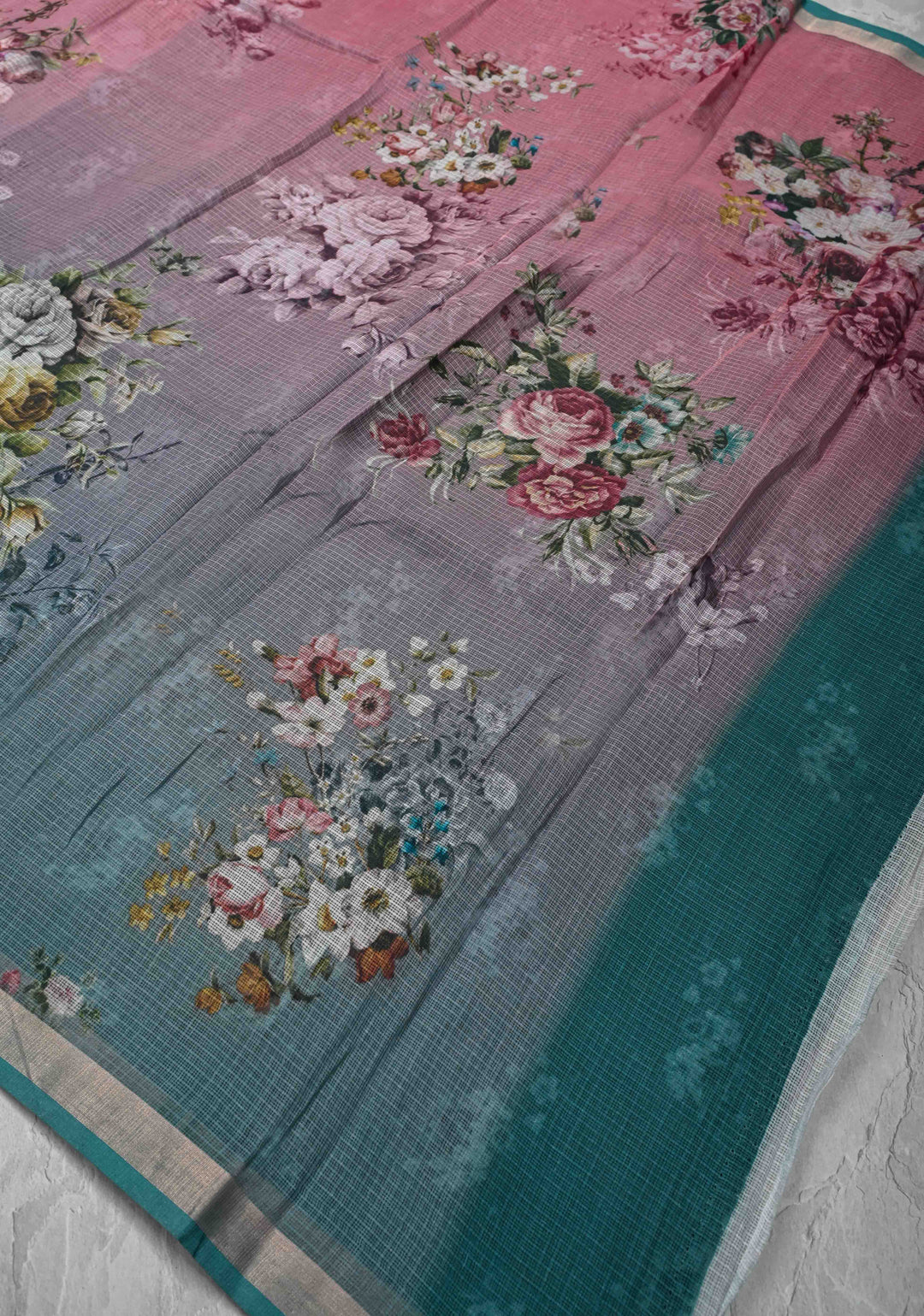 Rose Pink and Gray Ombre Kota Doria Cotton Saree with Floral Digital Print and Zari Border