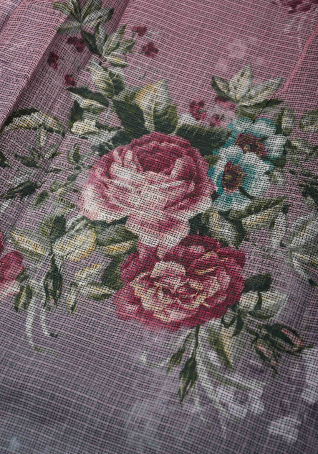 Rose Pink and Gray Ombre Kota Doria Cotton Saree with Floral Digital Print and Zari Border
