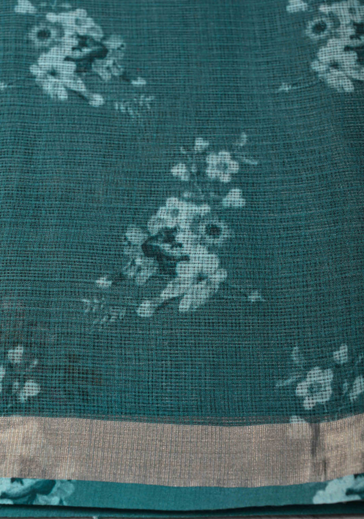 Rose Pink and Gray Ombre Kota Doria Cotton Saree with Floral Digital Print and Zari Border