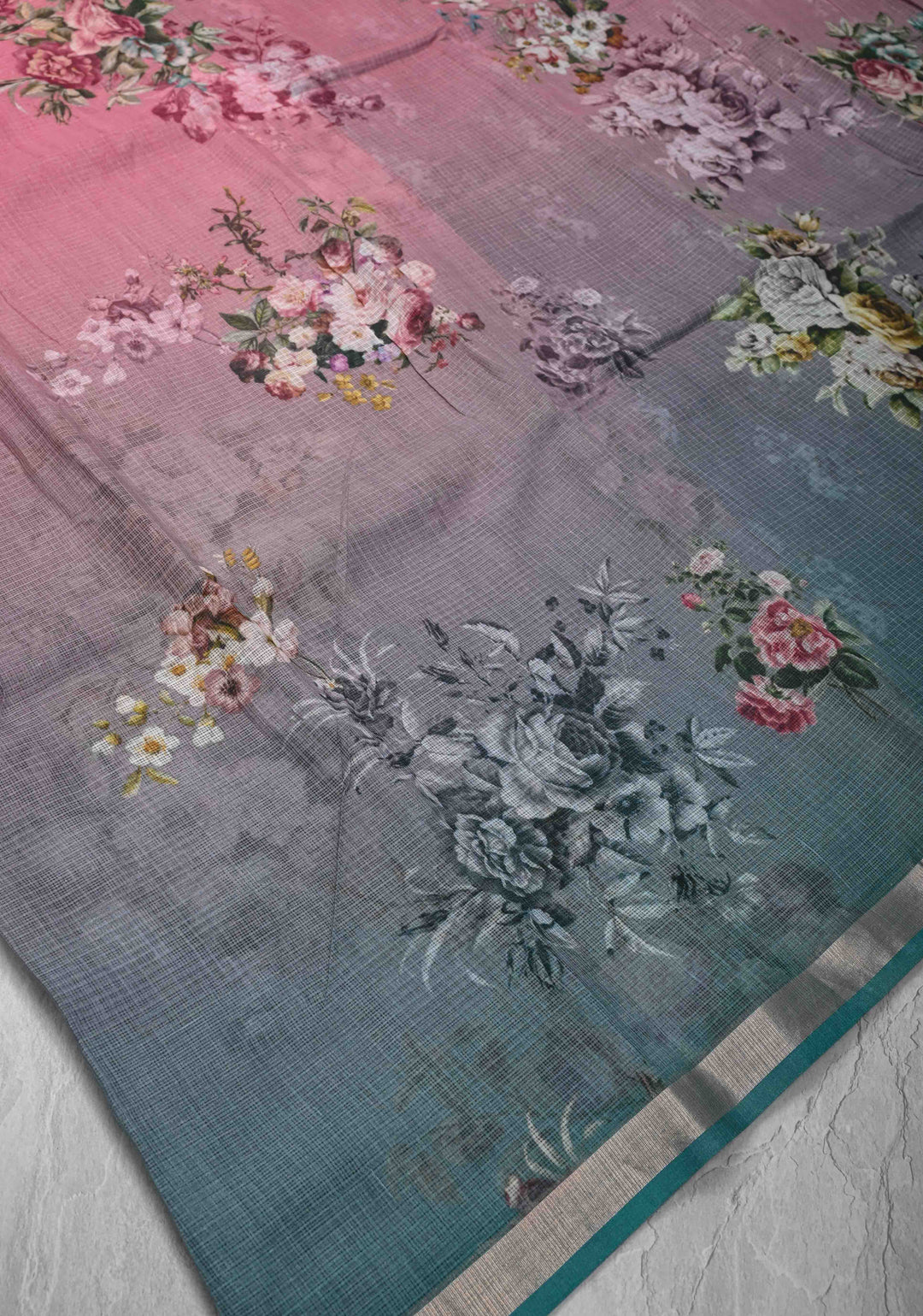Rose Pink and Gray Ombre Kota Doria Cotton Saree with Floral Digital Print and Zari Border