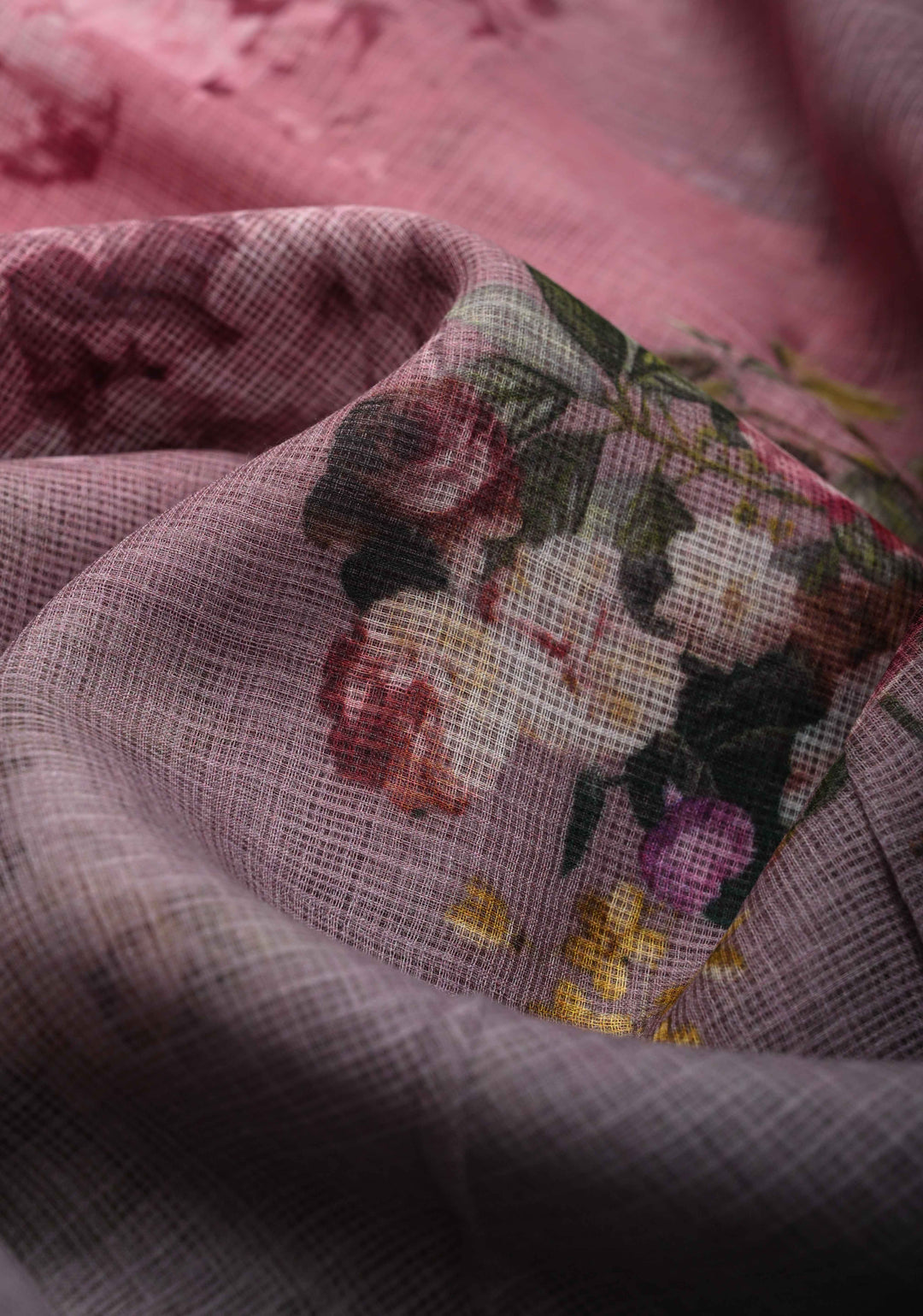 Rose Pink and Gray Ombre Kota Doria Cotton Saree with Floral Digital Print and Zari Border