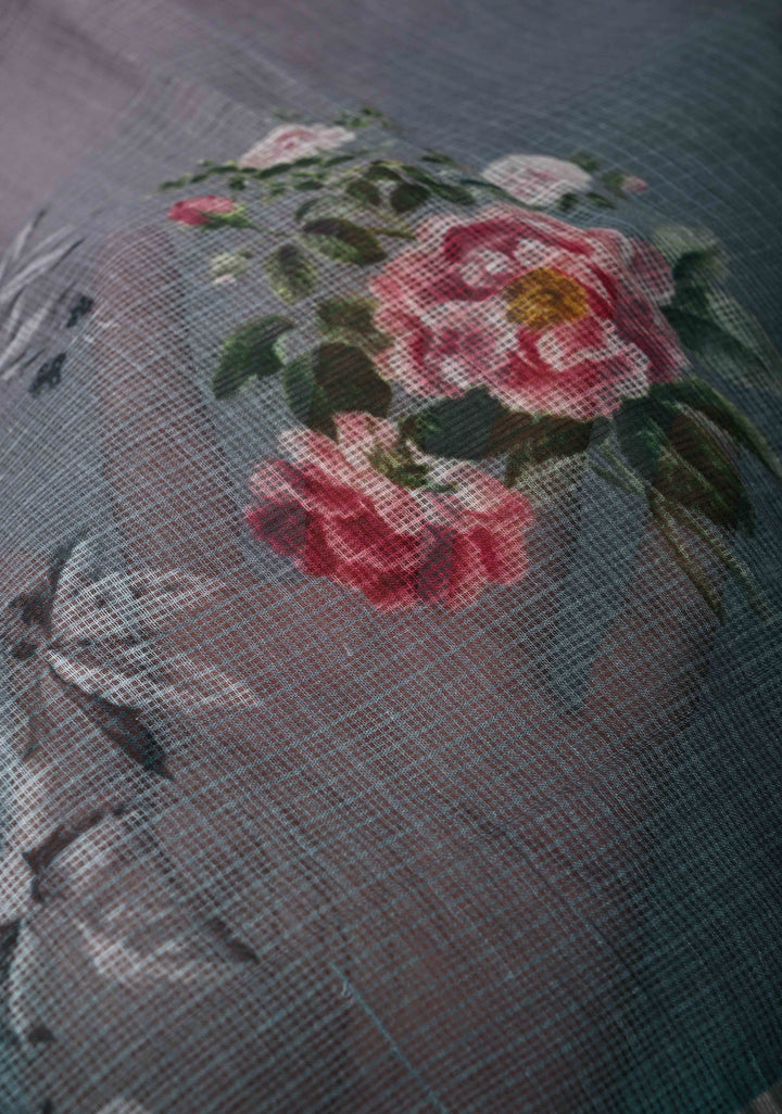 Rose Pink and Gray Ombre Kota Doria Cotton Saree with Floral Digital Print and Zari Border