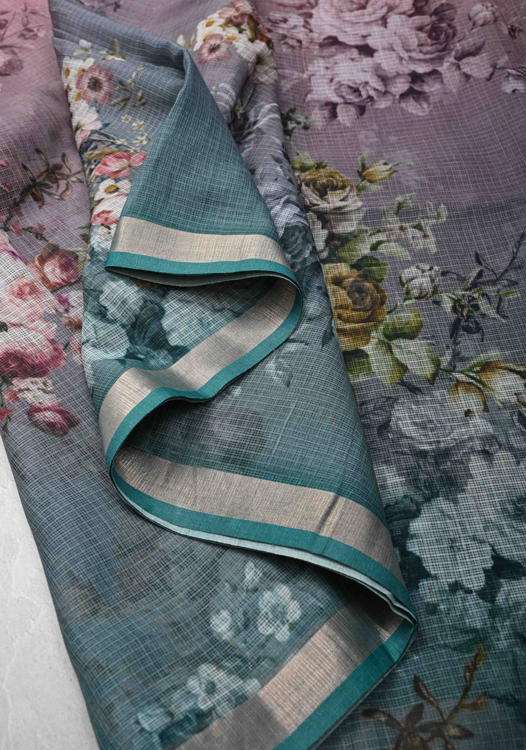 Rose Pink and Gray Ombre Kota Doria Cotton Saree with Floral Digital Print and Zari Border