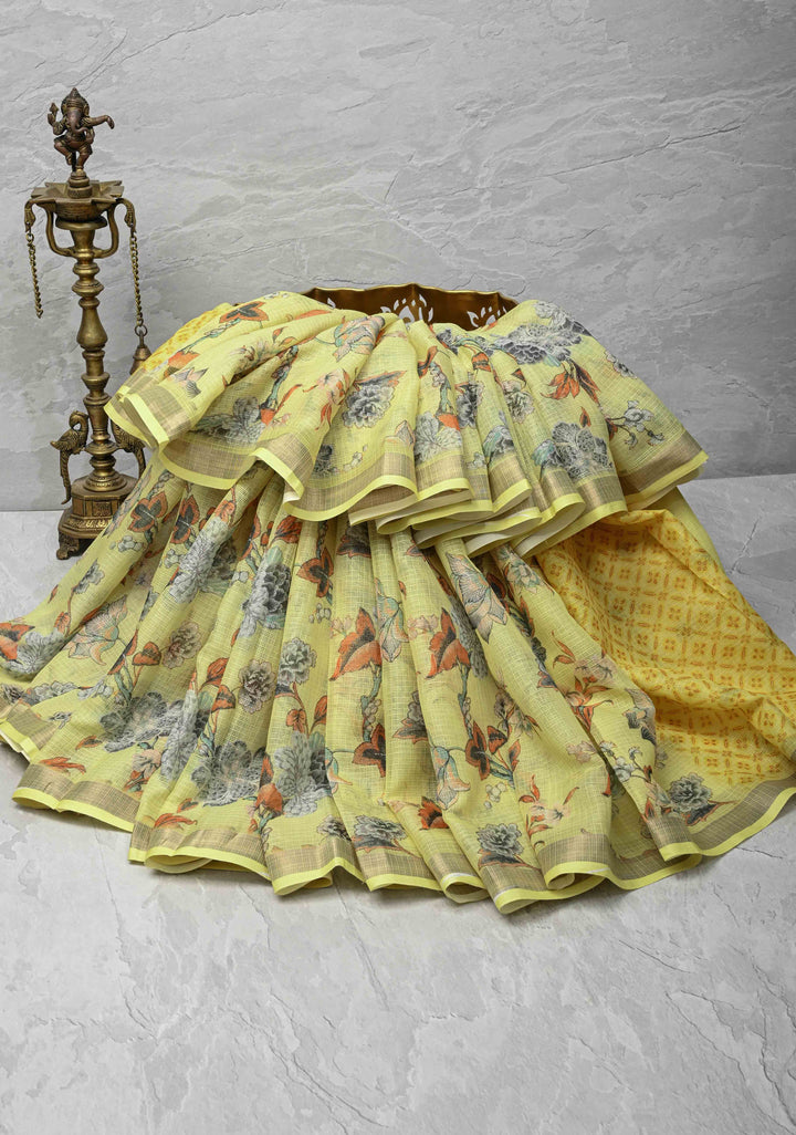 Butter Yellow Kota Doria Cotton Saree with Floral Digital Print And Minimal Zari Border