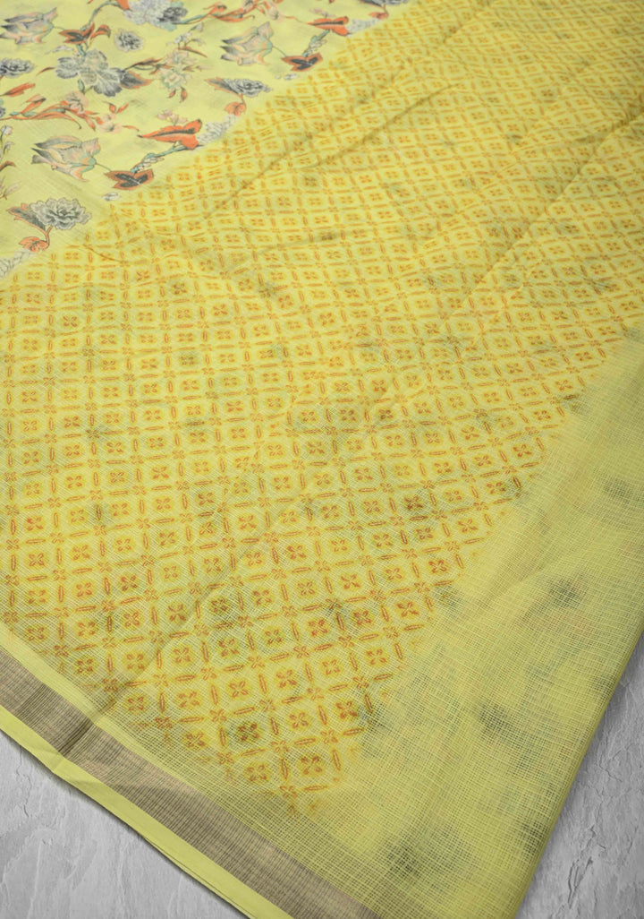 Butter Yellow Kota Doria Cotton Saree with Floral Digital Print And Minimal Zari Border