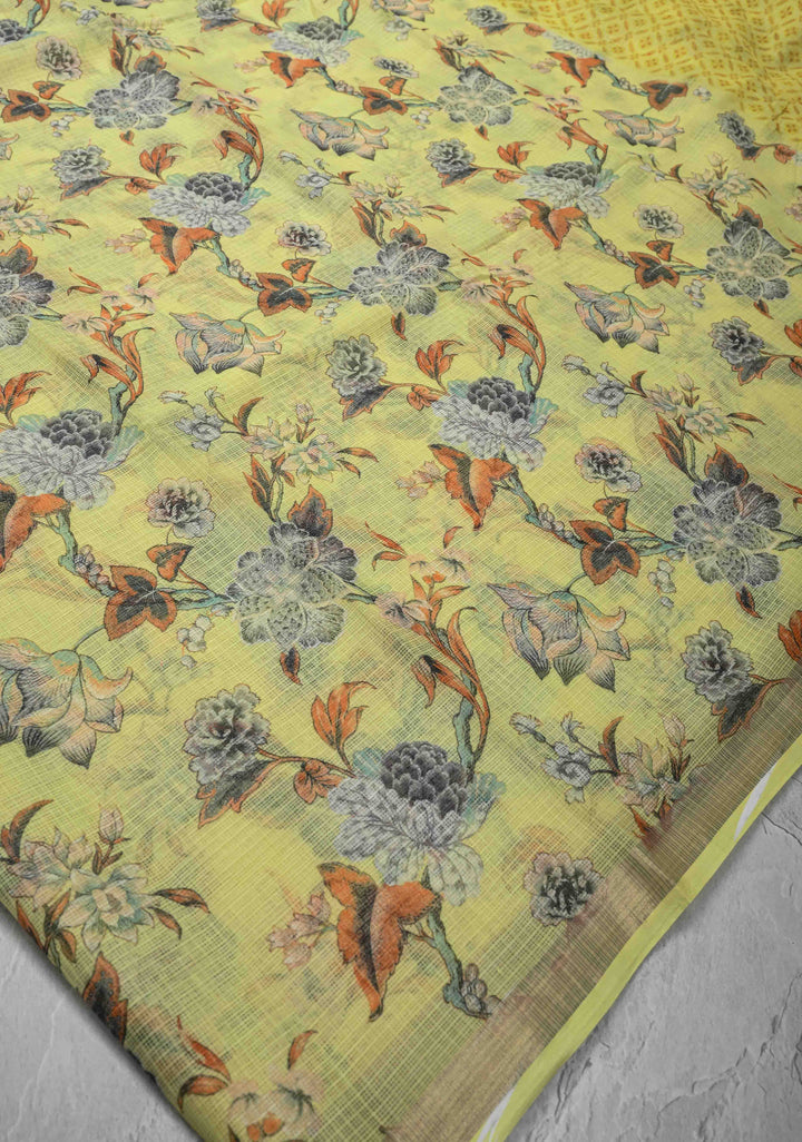 Butter Yellow Kota Doria Cotton Saree with Floral Digital Print And Minimal Zari Border