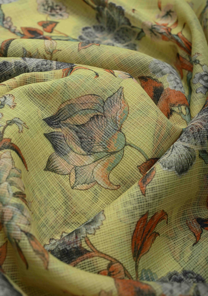Butter Yellow Kota Doria Cotton Saree with Floral Digital Print And Minimal Zari Border