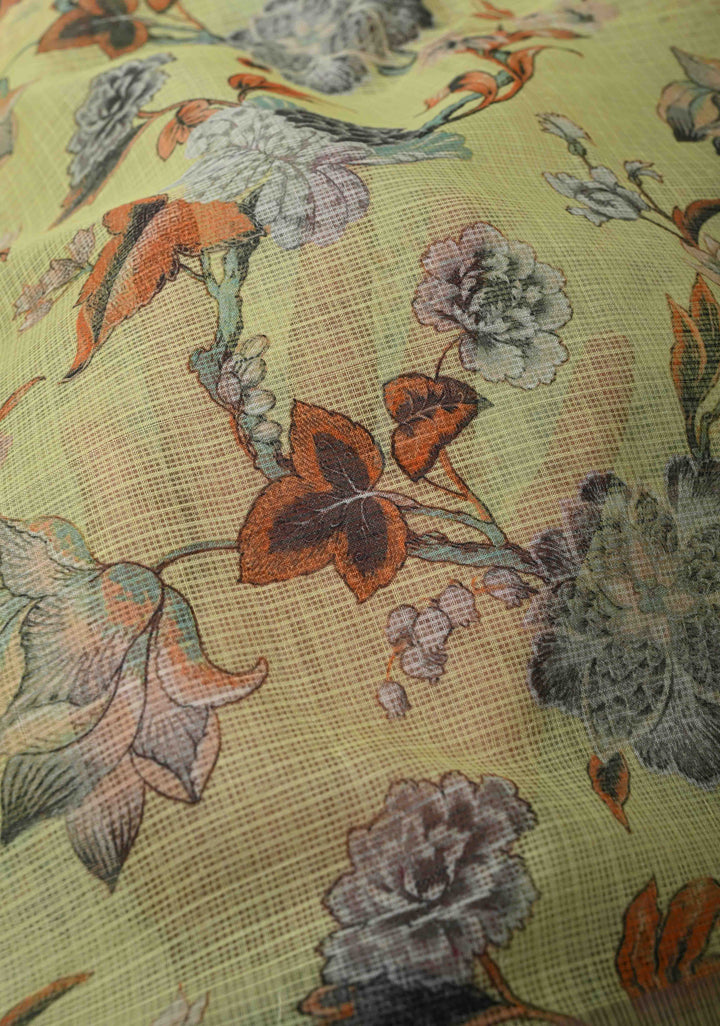 Butter Yellow Kota Doria Cotton Saree with Floral Digital Print And Minimal Zari Border