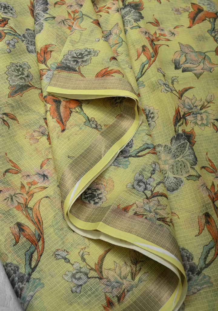Butter Yellow Kota Doria Cotton Saree with Floral Digital Print And Minimal Zari Border